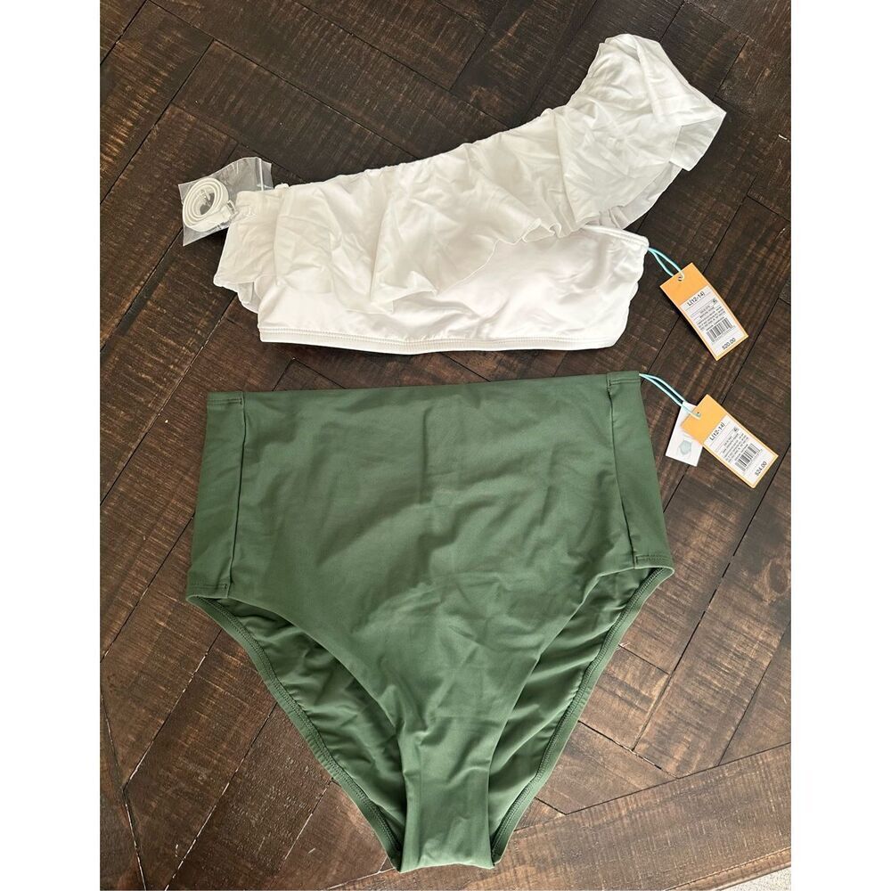 🌸 Kona Sol Green High Rise Bottom and Pink One Shoulder Ruffle Bikini Size Large
